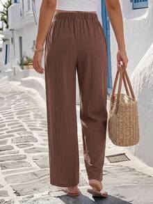 SHEIN LUNE 女款 95% 棉棕色口袋長褲 - 鏽棕色 - 查看 3