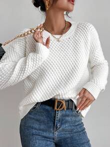 SHEIN Solid Drop Shoulder Round Neck Sweater,Long Sleeve Tops Knit Pullover Fall Winter - White - View 6