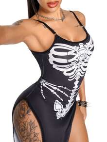 AltBold Women's 1pc Halloween Skeleton Bone Dark Sexy Hollow Out Design Nightgown - Black and White - View 3