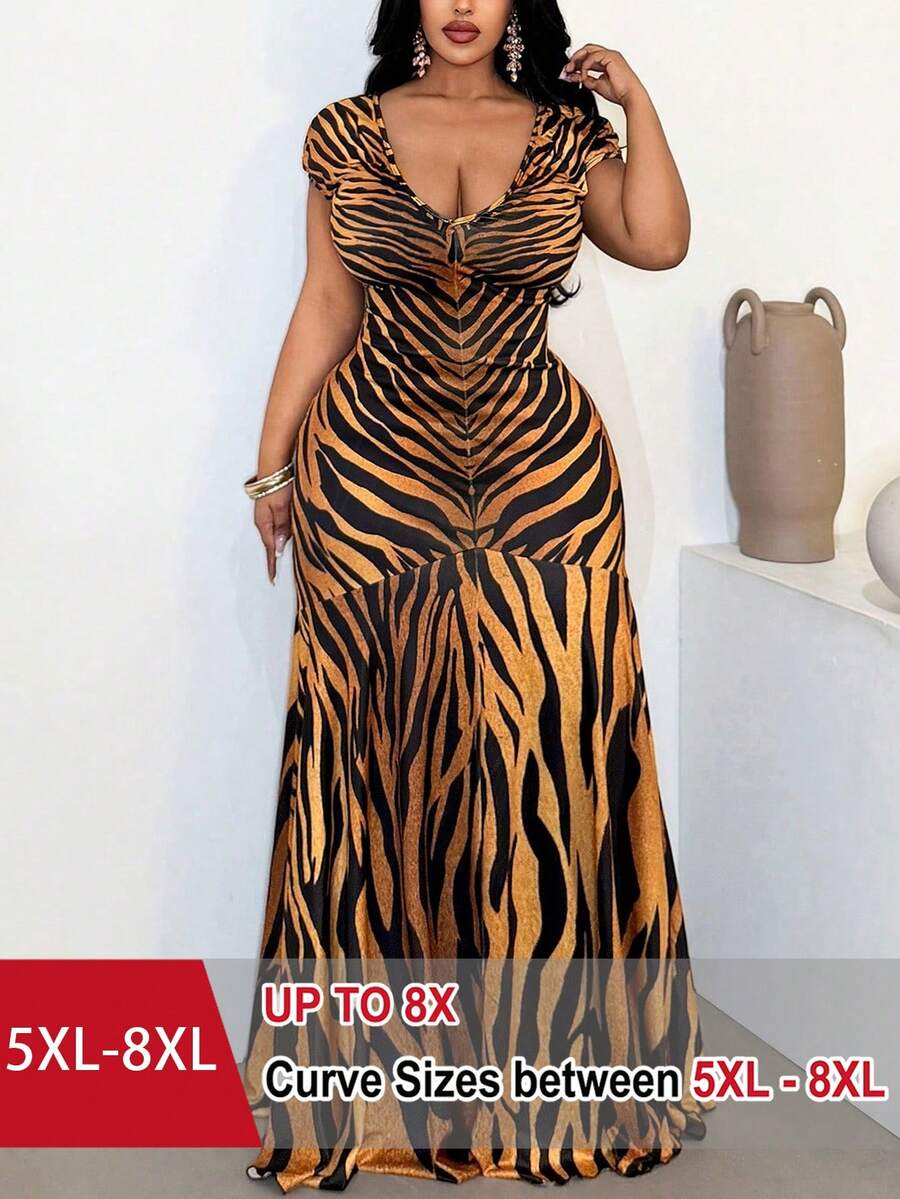 SHEIN CURVE+ 女士优雅V领豹纹鱼尾裙摆连衣裙,适合派对、聚会和日常穿着 - 彩色 - 查看 1