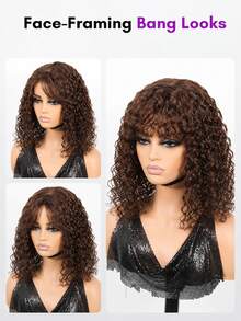 ALL READY WIG Peluca Bob sin pegamento de cabello humano con ondas de agua y flequillo, peluca de encaje de cabello humano para mujeres #4 marrón CHIC BOB, peluca lista para usar estilo SHAGGY, encaje pre-depilado y pre-cortado con cierre de encaje 4x4, peluca sin pegamento con cabello frontal 100% cabello humano - S4 - Ver 6