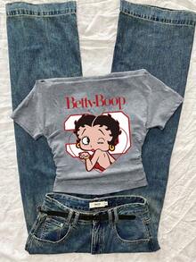 Attitoon Betty Boop x SHEIN 女款休閒抓皺腰方領 Betty 聯名修身短袖 T 恤，適合夏季，時尚 Y2K 風格 - 淺灰色 - 查看 1