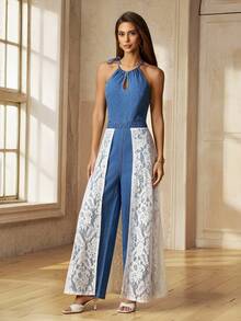Selenza Mono de mujer casual de pierna recta con encaje y denim - Azul lavado medio - Ver 5