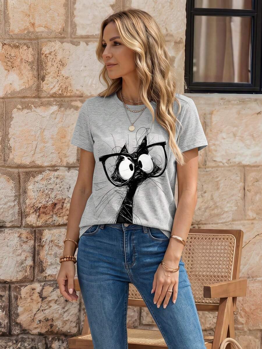 EMERY ROSE تي شيرت نسائي كاجوال بطباعة كرتونية بياقة مستديرة وأكمام قصيرة، صيفي - متعدد الألوان - مشاهدة 1