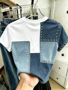 Resyla Women's Round Neck Stud Decor Casual Daily Short Sleeve T-Shirt - Multicolor - View 2