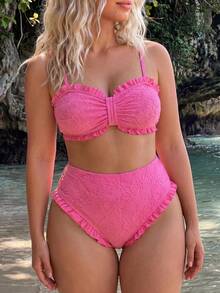 SHEIN Swim 大尺碼女款 2 件式隨機布料休閒泳裝套裝 - 玫紅色 - 查看 5