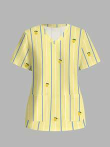 PopScrub Casual Minimalist Scrub Top With Fresh Striped Lemon Print Pattern, Suitable For Work Commute And Pet Hospital - Multicolor - View 1