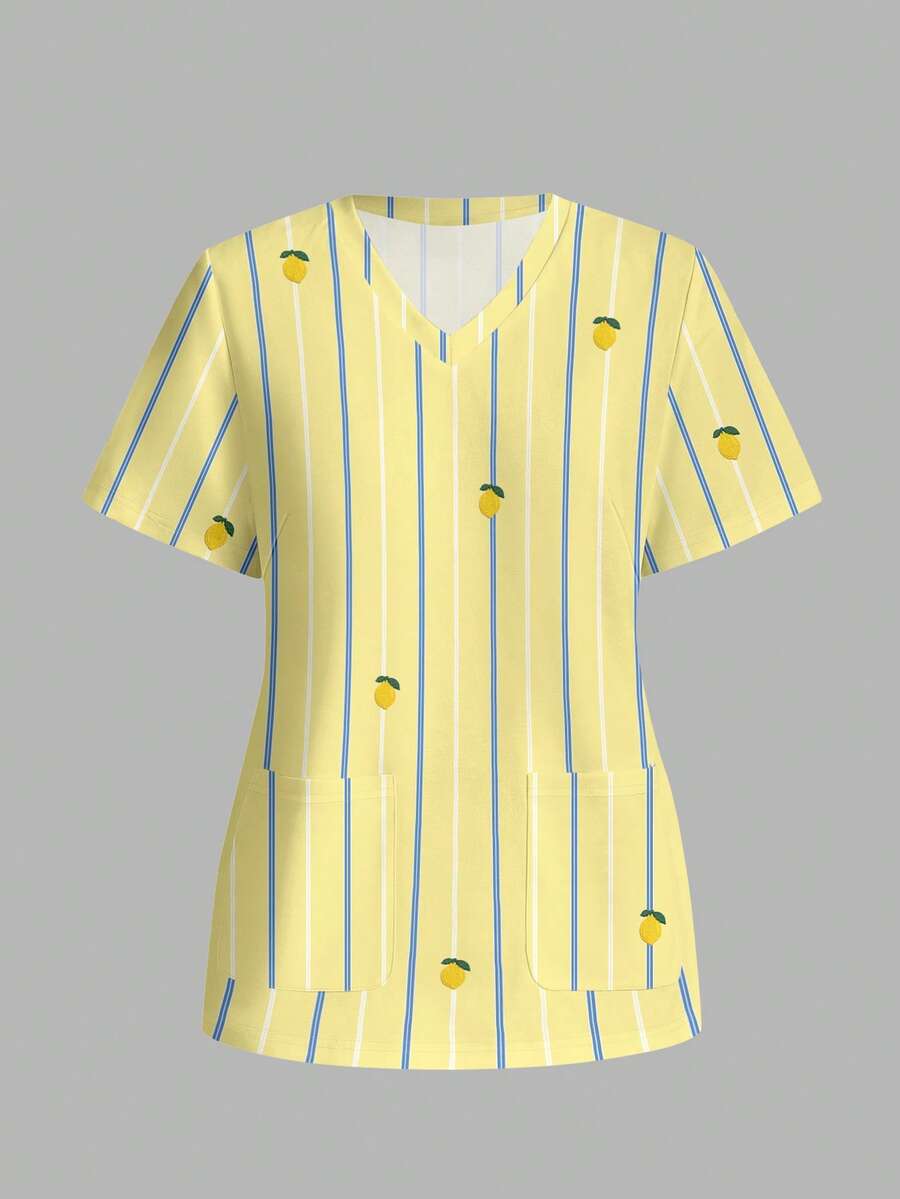 PopScrub Casual Minimalist Scrub Top With Fresh Striped Lemon Print Pattern, Suitable For Work Commute And Pet Hospital - Multicolor - View 1