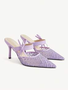 CUCCOO CHICEST Ladies Elegant Bow Flower Mesh Breathable Fashion Versatile Pointed Thin Heel High Heel Shoes Spring - Purple - View 1