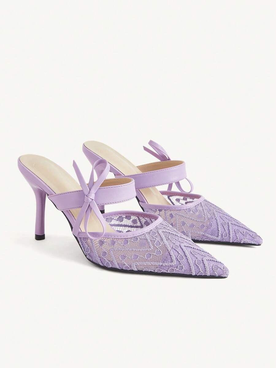 CUCCOO CHICEST Ladies Elegant Bow Flower Mesh Breathable Fashion Versatile Pointed Thin Heel High Heel Shoes Spring - Purple - View 1