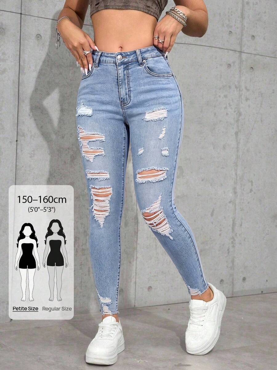 SHEIN PETITE 女士休闲破洞修身牛仔裤 - 淺色水洗藍 - 查看 1