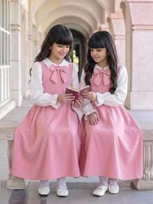 SHEIN Tween Girl Back To School Outfit Fitted Pink & White Patchwork Long Sleeve 3D Bow Decor Collared Open Front Dress Vintage Preppy Exquisite Pink 3D Bow Large Bow Decor Collared Shirt Dress Casual Preppy Tween Girl - Pink - View 1