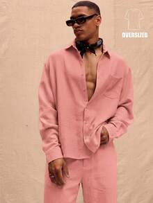 Musero Camisa de lino de manga larga y talla grande solo para primavera, verano, vacaciones y Pascua - Rosa vieja - Ver 1