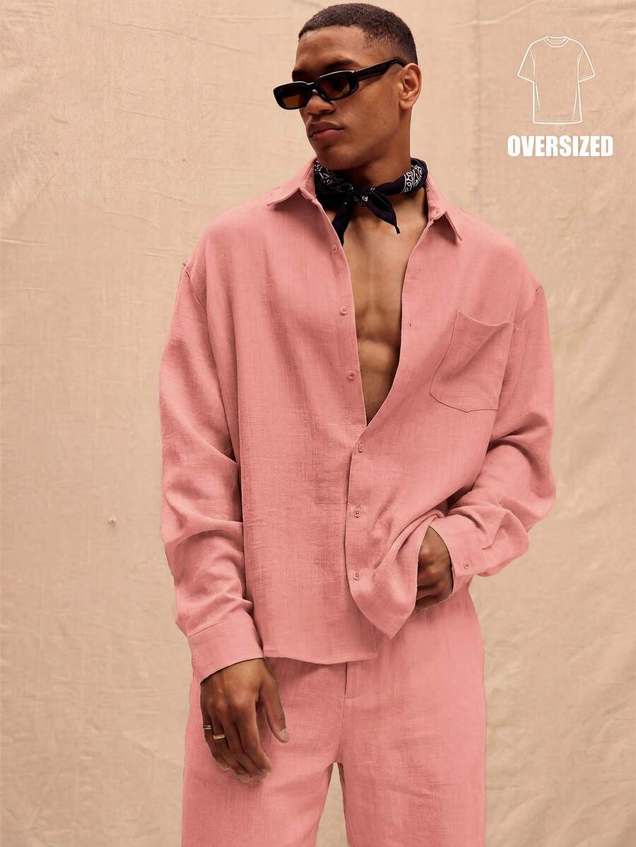 Musero Camisa de lino de manga larga y talla grande solo para primavera, verano, vacaciones y Pascua - Rosa vieja - Ver 1