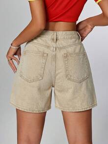 SHEIN PETITE 女款休閒街頭風水洗牛仔短褲 旅行卡其色 夏季 - 卡其色 - 查看 4