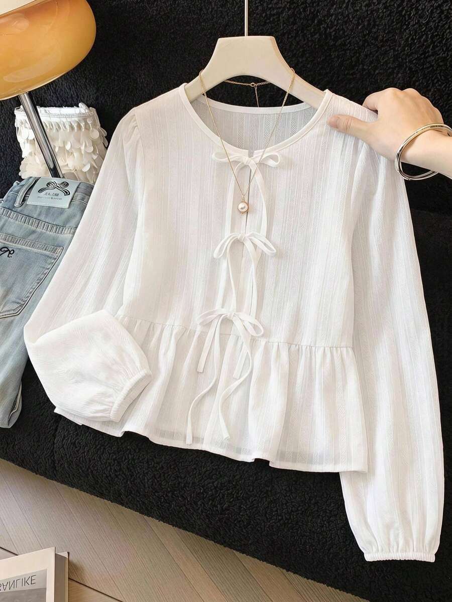 SHEIN Tween女孩優雅白色夏季度假修身休閒極簡舒適圓領長袖蝴蝶結梭織紋理布料襯衫 - 白色 - 查看 1