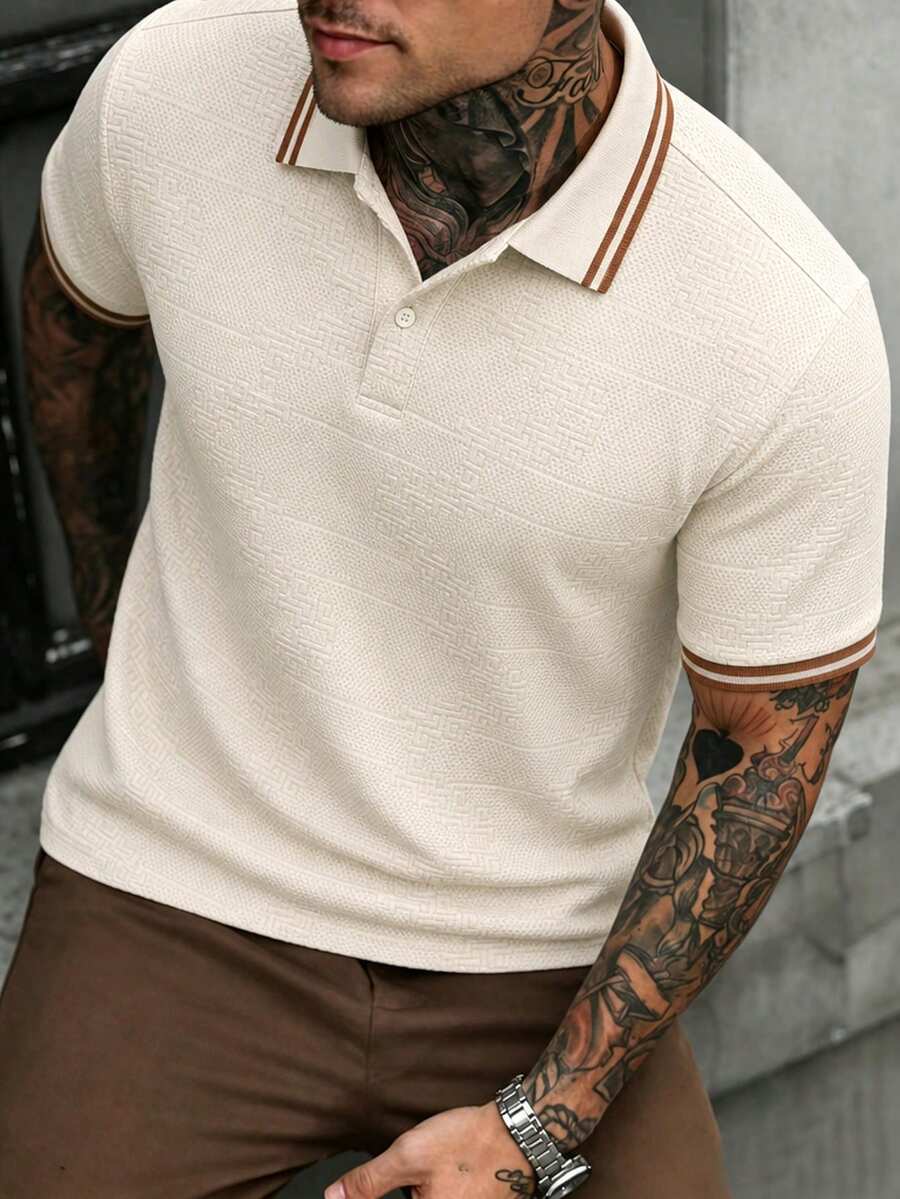 EGENSIO Men's Knitted Jacquard Solid Color Textured Collar & Cuffs Ribbed 2-Button Apricot Polo Shirt - Apricot - View 1