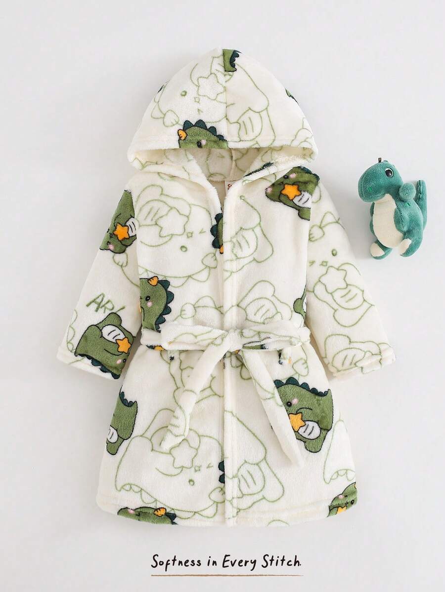 Cozy Pixies 女嬰卡通圖案保暖內裡加厚連帽長袖綁帶睡袍,保暖內裡加厚,適合冬季,睡衣 - 米色 - 查看 1