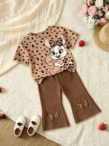 (Random 3 Sets,Send 1 Set)Baby Girl Leopard Print Letter Heart Bow Rabbit Flower Stripe Pattern Basic Daily Short T-Shirt & Flared Pants 2-Piece Set, All Season Wear - Multicolor - View 6