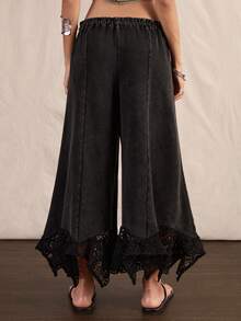 Easelle Vintage Boho Low Waist Lace Patchwork Wide Leg Snow Wash Women's Long Pants Vacation Black Summer - Grey - View 5