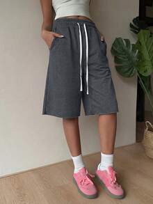 SHEIN EZwear 女士深灰色针织休闲宽松百慕大短裤，夏季 - 深灰色 - 查看 5