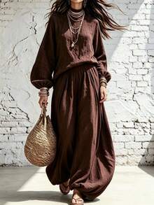 Breezaya Fall Outfit 2 Pieces Set, Casual Boho, High Neck Long Sleeve Loose Top And Loose Lantern Pants, Outdoor Vacation Wear, Chocolate Brown - Brown - View 4