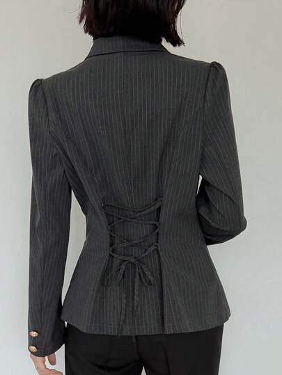 FRIFUL Women's Early Autumn New Korean Style Striped Fabric Back Tie Bow Knot Blazer Cute Tops