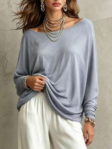 Trelyra Women's Solid Color Pleated Casual Versatile Daily Long Sleeve Top - Light Grey - View 3