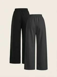 SHEIN PETITE CURVE Plus Size Solid Color Versatile Drawstring Waist Pocket Long Pants 2pcs Set For Daily Wear Fall - Multicolor - View 2
