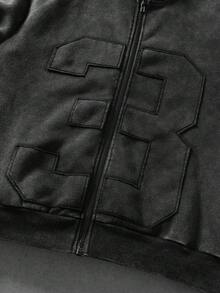 ROMWE MEN Men's Heavyweight Vintage Washed Patchwork Embroidered Letter Graphic Hooded Sweatshirt - Black - View 2