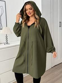 SHEIN CURVE+ 大尺碼純色連帽拉鍊休閒長袖夾克，2026 秋冬 22W - 綠色 - 查看 6