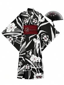 Irokai 日式女士传统印花和服浴衣套装，适合夏季节日 - 黑色 - 查看 5