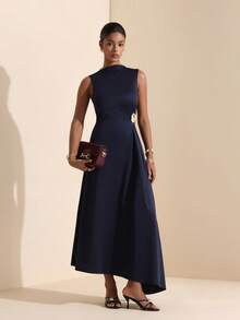 Vesra Women's Elegant Sleeveless Dress With Stand Collar, One-Side Ruched Ring Buckle Decor And Flared Draped Hem - Navy Blue - View 6