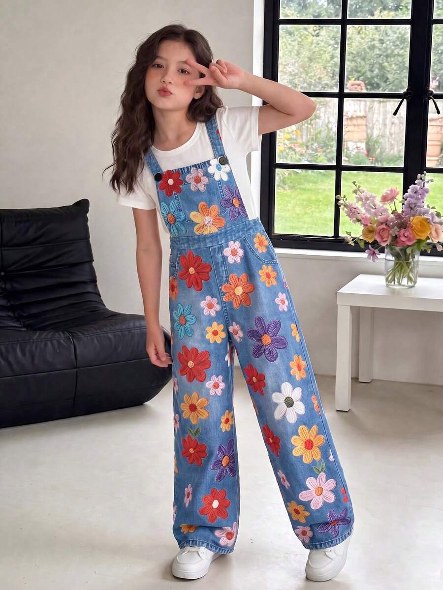 SHEIN Overall Gaya Jalanan Keren untuk Anak Perempuan Remaja, Cocok untuk Musim Kembali ke Sekolah, Pakaian yang Dipersonalisasi untuk Musim Semi, Musim Panas, Musim Gugur, Pakaian Sehari-hari, Gaya Grup Perempuan - MultiWarna - View 1