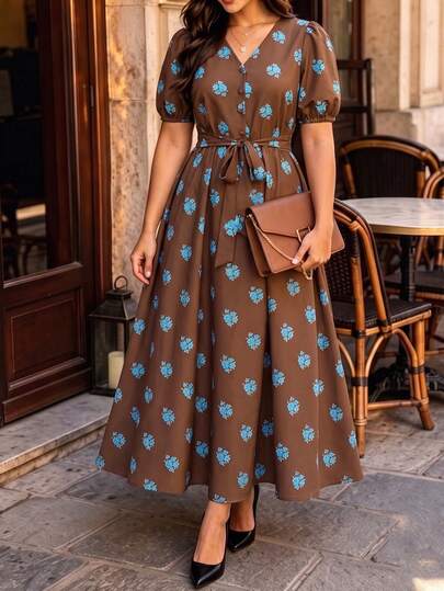 Auvina Women's Plus Size Multi-Color Floral Print V-Neck Decorative Button Puff Sleeve Belt Cinched Waist A-Line Silhouette Casual Minimalist Outing Commute Business Versatile Fashion Elegant Romantic Date French Street Vintage Beach Vacation Spring Summer Autumn New Brown Long Dress