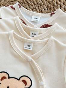 SHEIN Vintaside Kids 男嬰幼兒 0-3 歲，可愛動物印花連身衣三件套 - 棕色 - 查看 5