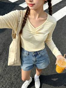 SHEIN Sparklyn 女童短袖休閒可愛INS風舒適寬鬆百搭 Polo 領粉色與白色條紋 T 恤 校園秋季 - 黃色 - 查看 4