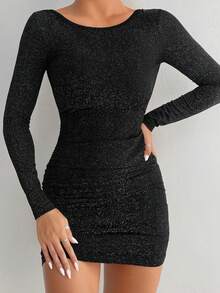 SHEIN PETITE Women Dresses Rantai Backless Criss Cross Plain Pesta - Hitam - View 6