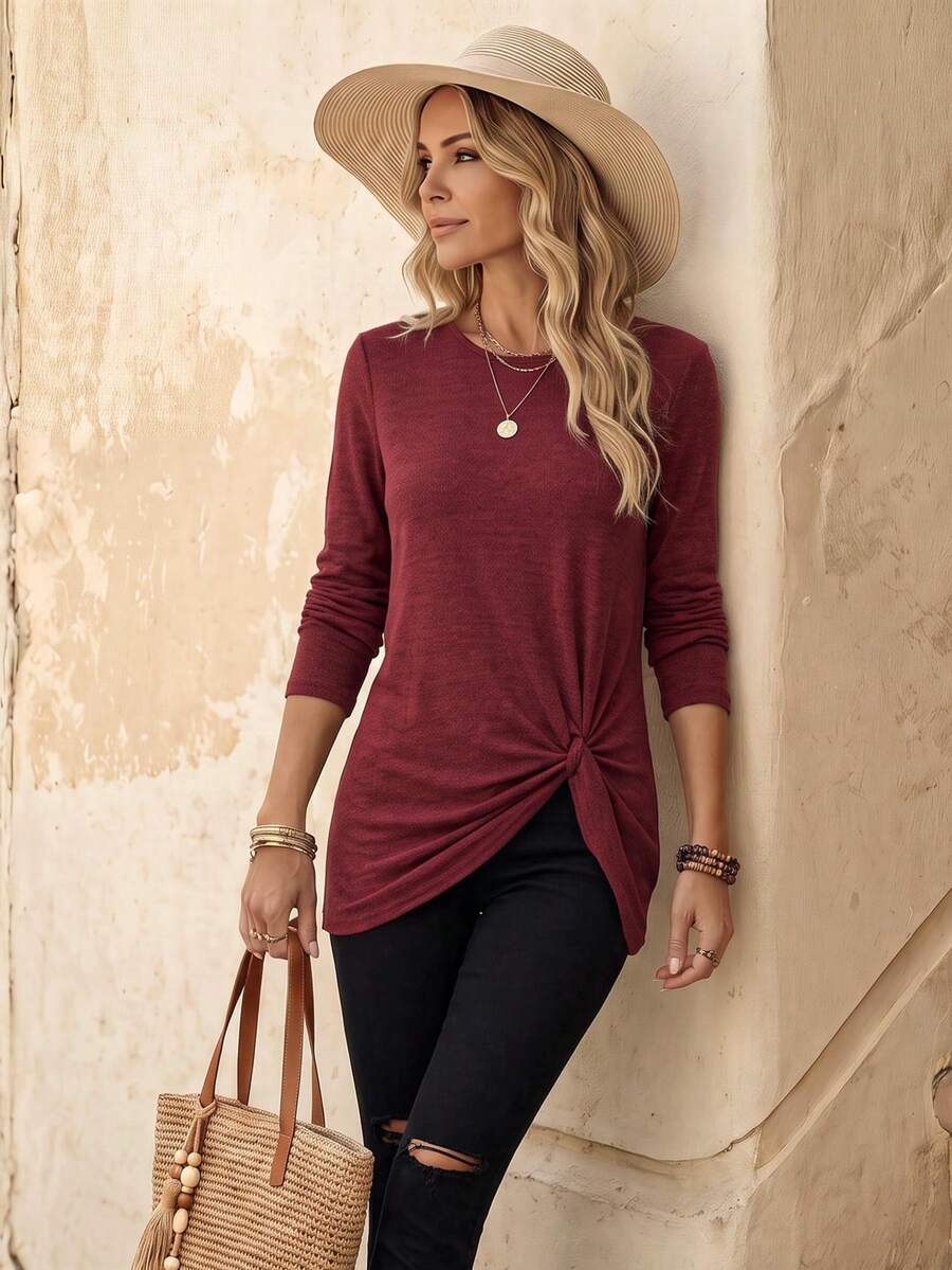 SHEIN Solid Twist Hem Tee For New Year Clothes Fall Cloth For Women - Red - View 1
