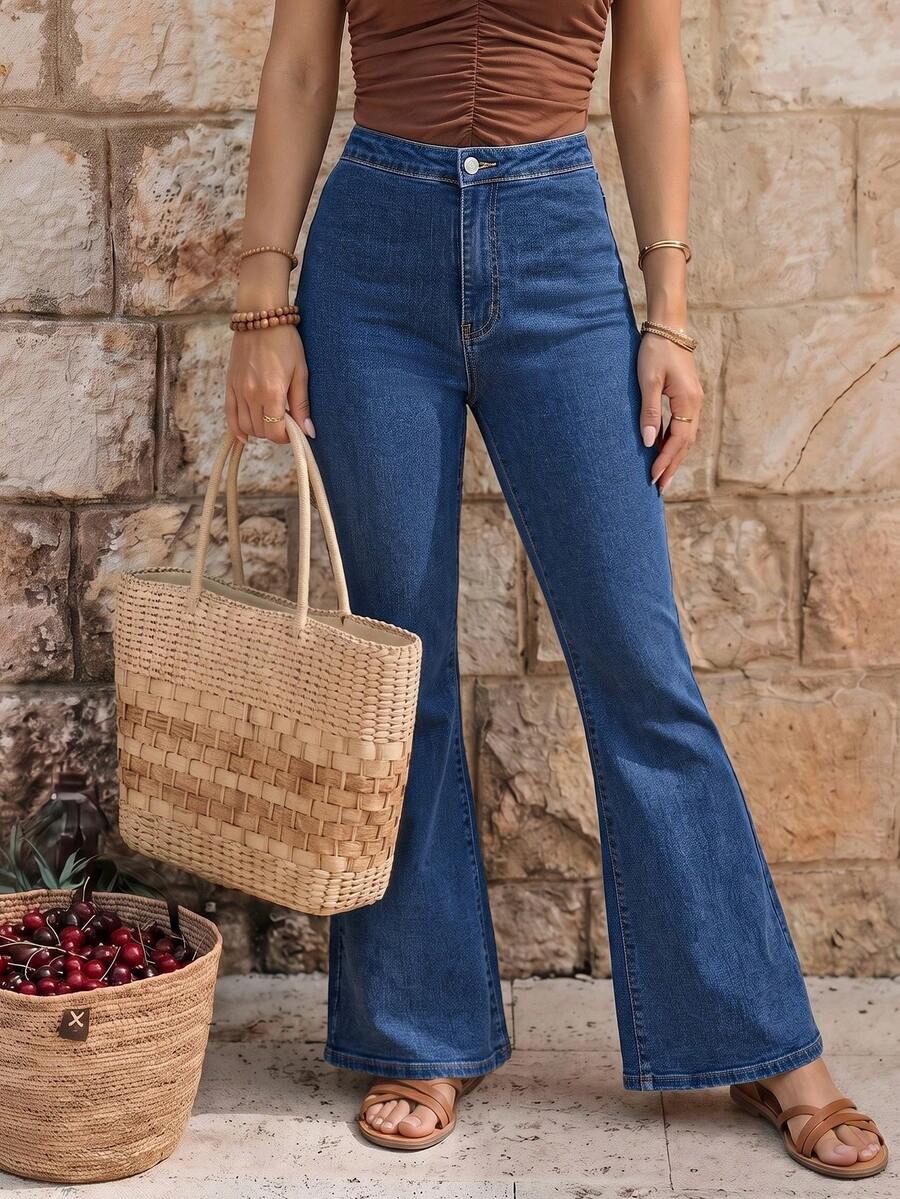 Flexra High Waisted Flare Leg Jeans - Dark Wash - View 1