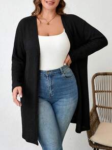 SHEIN LUNE 大尺碼純色羅紋針織外套 春秋冬季保暖款 新年假期女款 - 黑色 - 查看 5