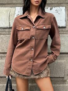 Jeanoix Jaket Denim Wanita dengan Kerah Lipat dan Saku Tempel - Coklat - View 4