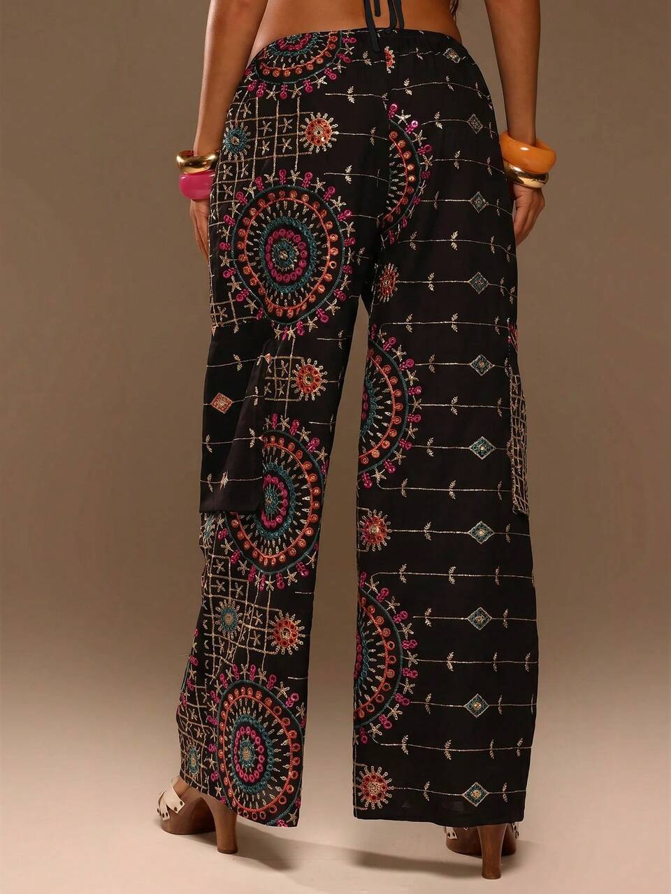 Embellised Linen Feel Tie Waist Wide Leg Trouser Pant Spring Summer Vacation Holiday