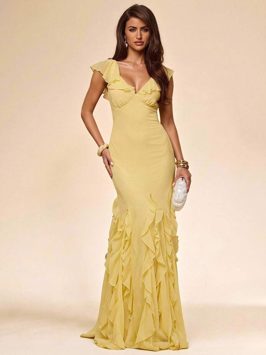 SHEIN BAE Spring/Summer Women's Yellow Ruffle V-Neck A-Line Exquisite Split Insert Ruffle Hem Sexy Elegant Mini Dress, Suitable For Party, Vacation, Banquet, Wedding, Evening Out, Romantic Date - Light Yellow - View 1