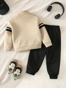 SHEIN 2pcs Young Boys Sports Casual Daily Comfortable Printed Loose Stand Collar Open Front Sweatshirt Jacket And Pants Set, Suitable For Outings, School, Daily Gatherings, Autumn/Winter - Apricot - View 3