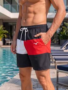 Manfinity Swimmode 男士對比色抽繩腰鬆身沙灘短褲，夏季度假風 - 黑與白 - 查看 4