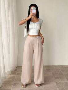 SHEIN PETITE 女款竹纖維面料腰前疊層扣飾設計優雅教師制服 專業休閒風，適合嬌小女性 - 卡其色 - 查看 4