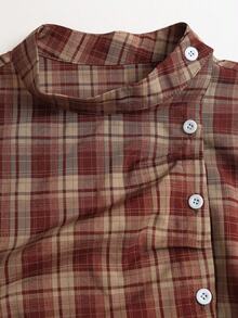 Sweetra Spring/Summer Fashion Design French Vintage Plaid Stand Collar Sweet Puff Short Sleeve Preppy Casual Commute Ruched A-Line Short Dress For Women - Burgundy - View 4