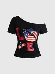 ROMWE Y2K Women's Vintage Print Asymmetrical Shoulder Waist-Cinching Knit T-Shirt - Black - View 1