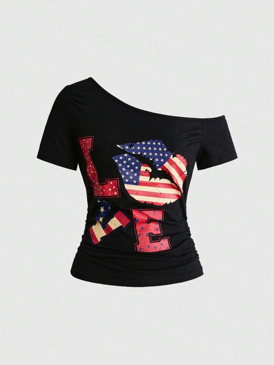 ROMWE Y2K Women's Vintage Print Asymmetrical Shoulder Waist-Cinching Knit T-Shirt - Black - View 1